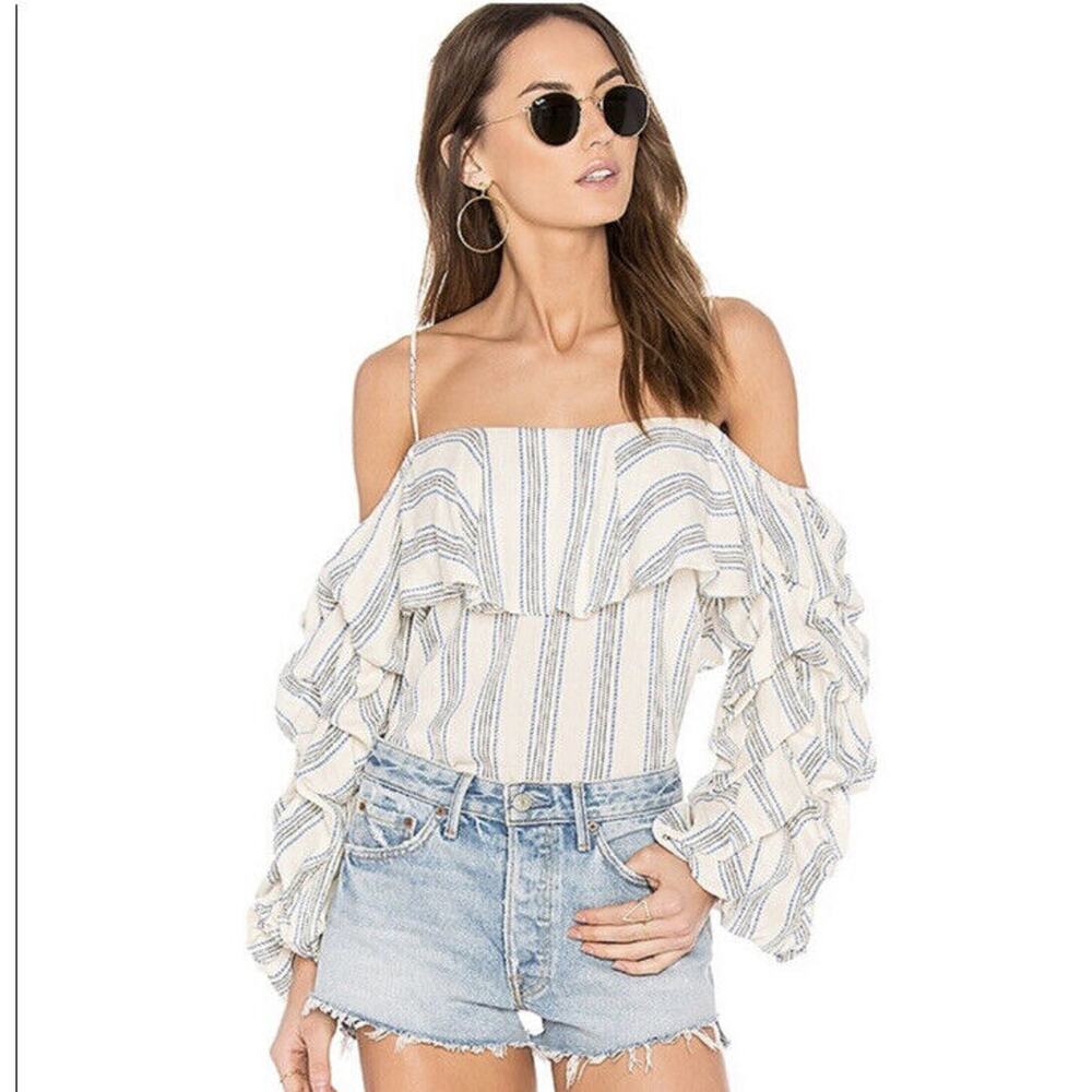 Misa Los‎ Angeles Off The Shoulder Ruffle Flora Top in Grey Stripe Size XS